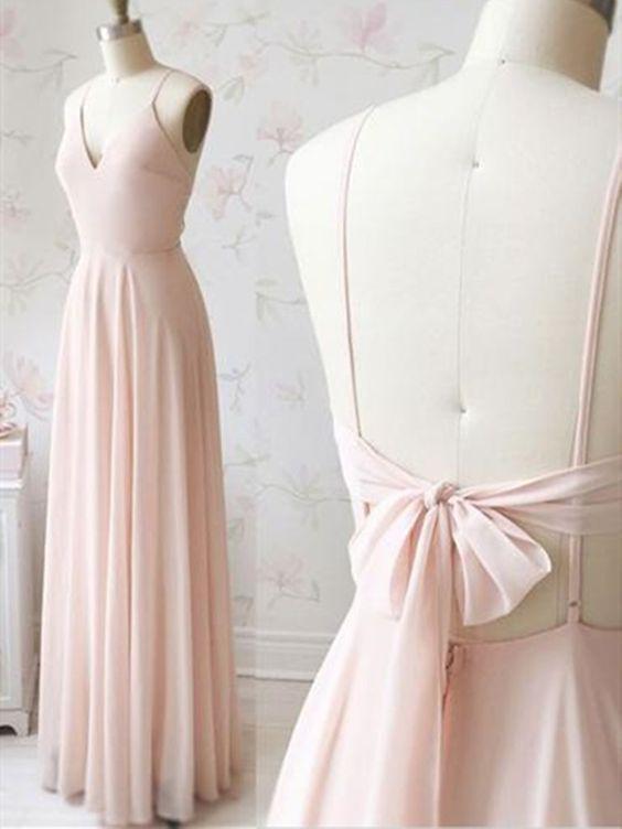 V neck Light pink chiffon long prom dress, V neck Light pink chiffon long evening dress