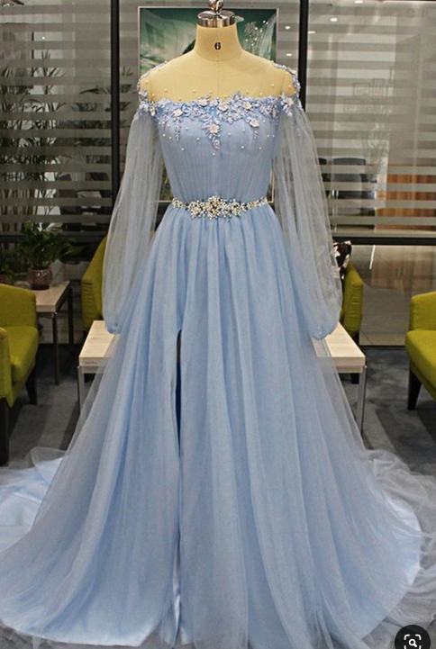 Custom Made Tulle Light Blue Long Prom Dress, Appliques Evening Dress For Prom