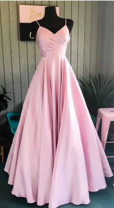 Pink Satin Prom Dress With Straps, Elegant Long Prom Dress 2020