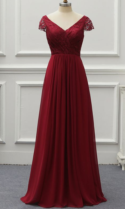 Burgundy Lace Cap Sleeve V Neck Long Chiffon Prom Dress, Formal Dress