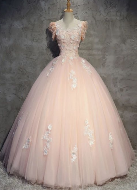 2020 Pink Tulle Lace Long Prom Gown, Pink Evening Dress