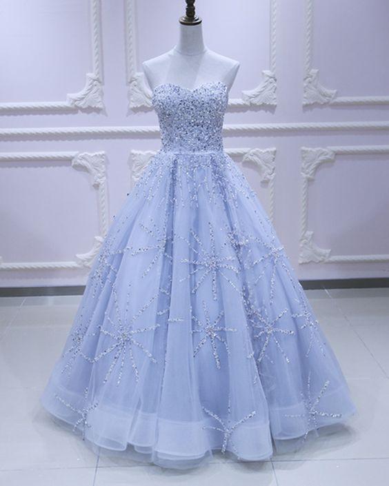 Sweetheart neck light blue tulle sequins long evening dress, long prom dress