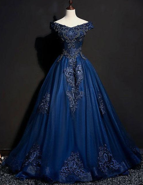 Blue tulle lace off shoulder long prom dress blue tulle lace evening dress