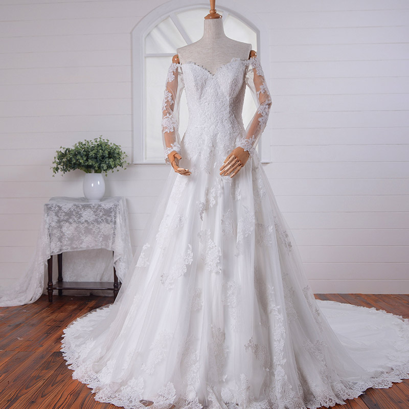 White/ivory Lace Wedding Dress Handmade Chiffon Long Sleeve Elegant V-back Sweep Train Lace Bridal Gowns