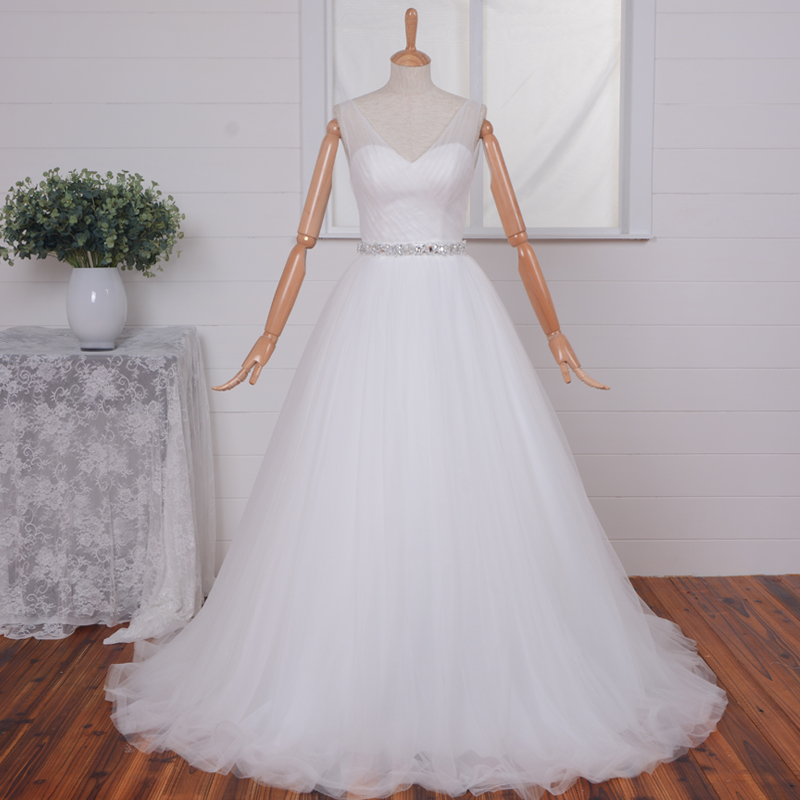 2015 V-neck Tulle White/ivory Lace Wedding Dress Handmade Chiffon Long Sleeve Elegant V-back Sweep Train Lace Bridal Gowns