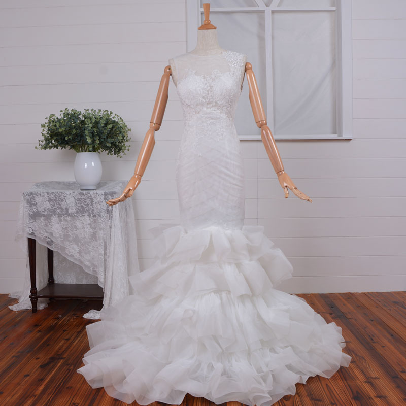 Tulle And Organza A-line High Neck Wedding Dress With Court Train And Button On The Back