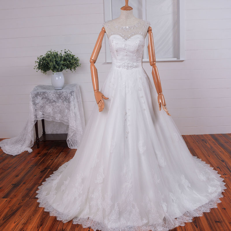 2016 Princess Illusion Neckline Lace Tulle Ruffles A-line Applique Wedding Dress Wedding Gown Bridal Dress Bridal Gown