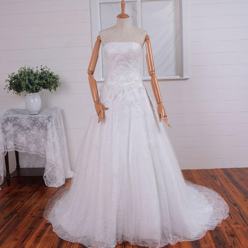 Simple Strapless Beaded Lace Tulle Ball Gown Wedding Dress, Simple Lace Tulle Wedding Dress Wedding Gown Bridal Dress