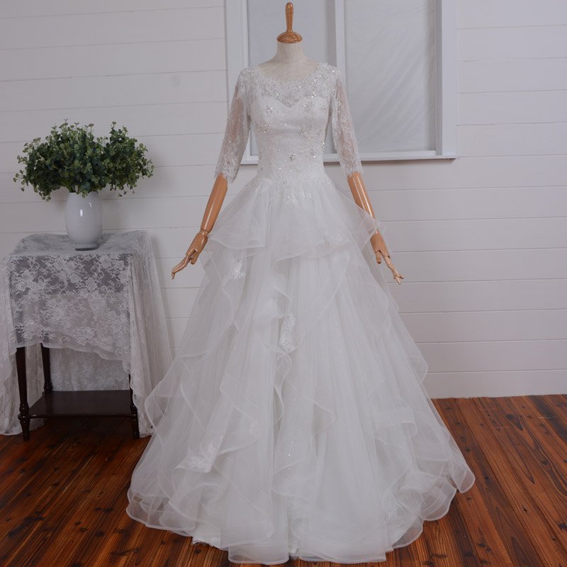 Most Beautiful Long Sleeve Illusion Back A-line Lace Tulle Wedding Dress, A-line Wedding Dress, Long Sleeves Wedding Gown