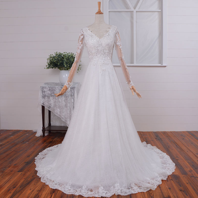 Most Beautiful Long Sleeve Illusion Back Mermaid Lace Tulle Wedding Dress, A-line Wedding Dress, Long Sleeve Wedding Gown
