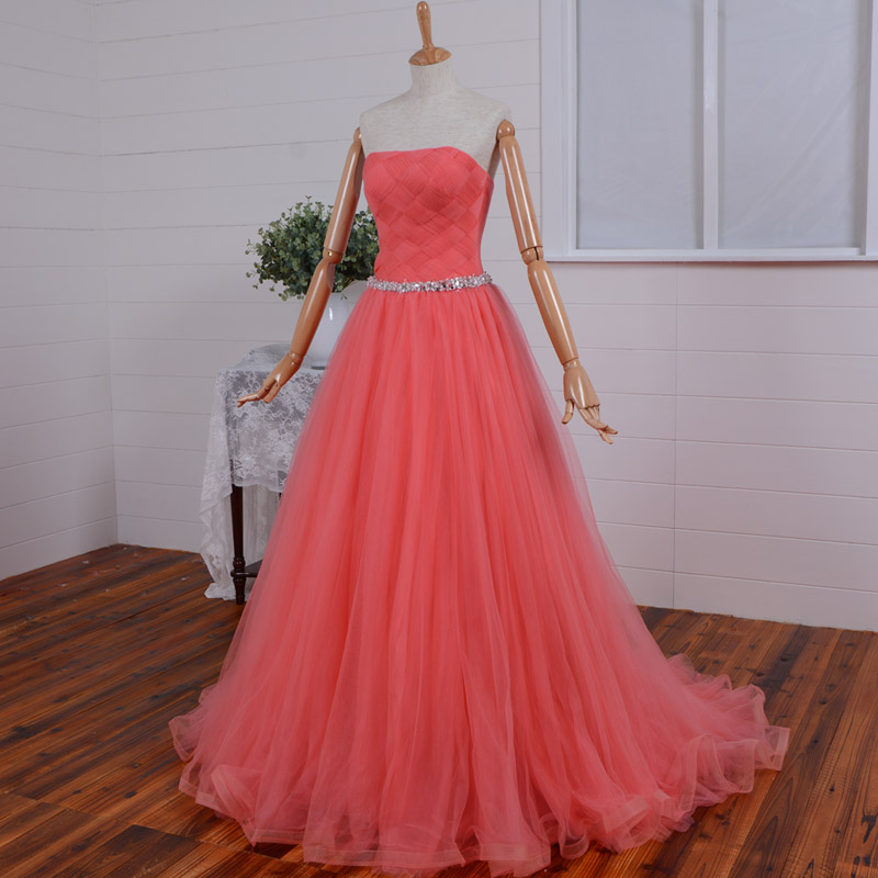 Selling Watermelon Red Sash Beaded Sweetheart Long Prom Dress/formal Dress/prom Dresses 2015/party Dress/tulle A-line Long Dress
