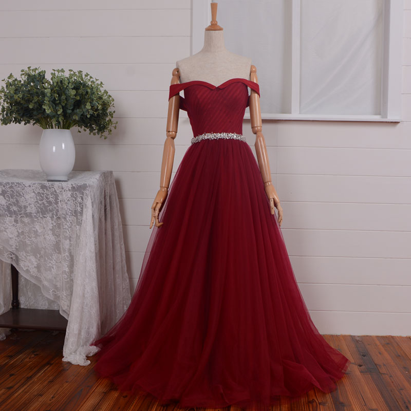 Burgundy Sweetheart Empire A-line Sash Beaded Long Prom Dresses ,tulle Floor Length Ball Gown Silver Rhinestones,gorgeous Formal Dress