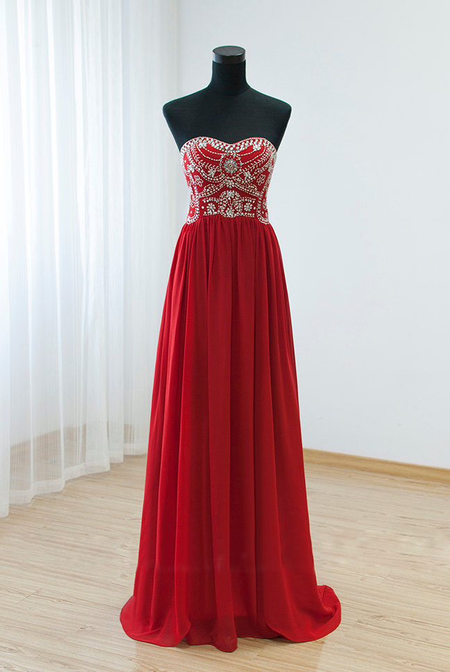 2016 Red Chiffon Beaded Strapless Floor Length Prom Dress