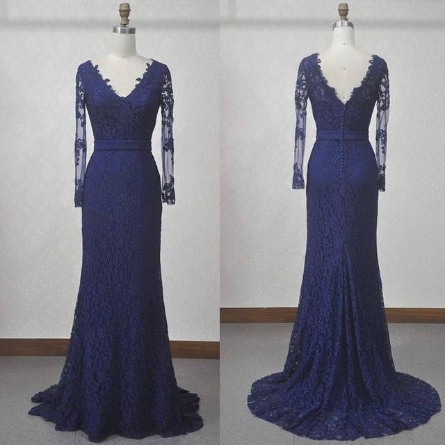 2016 Designer Navy Blue Lace Long Sleeves Mermaid Evening Gown With V Back