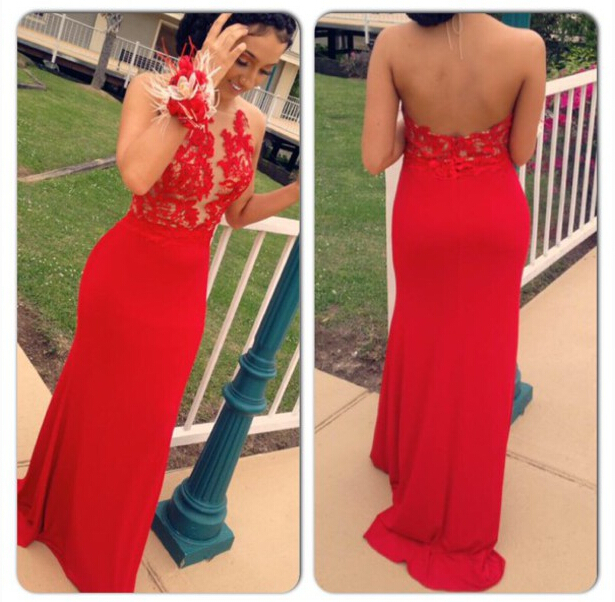 red halter neck prom dress