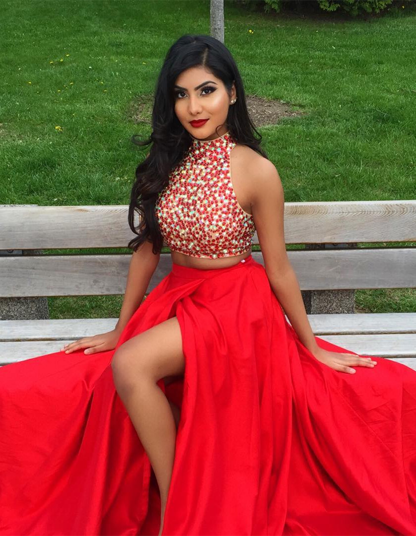 red 2 piece prom dress