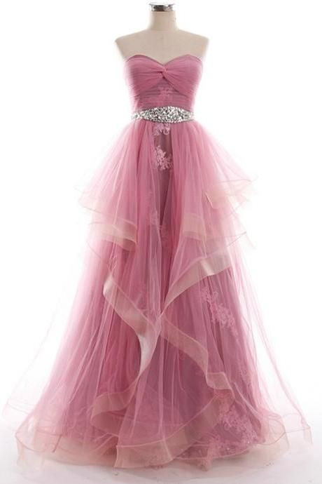 Pink Floor Length Ruffled Tulle Evening Dress Featuring Ruched Sweetheart Bodice