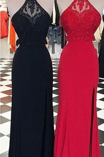 New Arrival Sexy Prom Dress,Sexy Backless Prom Dresses with Beaded,Sleeveless Prom Dresses,Halter Evening Dress,Long Prom Gown 