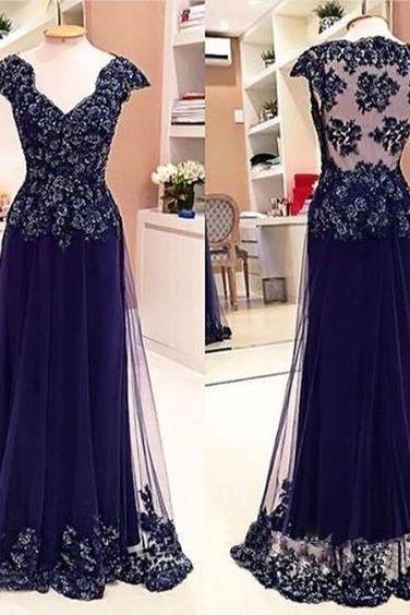 Cap Sleeve See Through Back Elegant Cheap Lace Sexy Long Prom Dresses