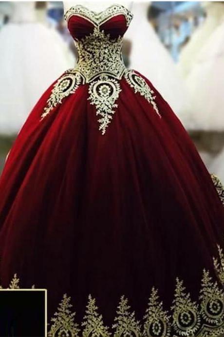 Burgundy Quinceanenra Dresses Sweetheart Gold Applique Lace Floor Length Puffy Prom Formal Wedding Ball Gowns