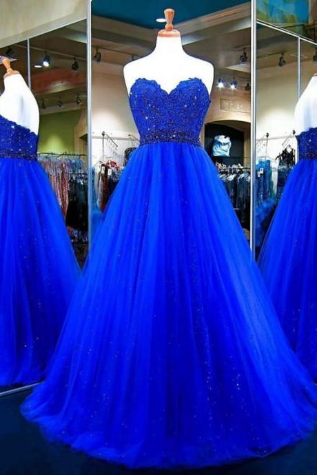 Long Prom Dress,Tulle Ball Gowns,Royal Blue Evening Dress,Sweetheart Prom Gowns,Top Lace Royal Blue Long Tulle Prom Dress,A Line Long Tulle Royal Blue Evening Dress