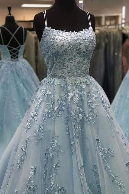 Blue tulle lace long prom dress, blue evening dress