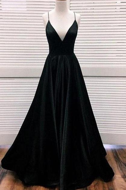 Black V Neck Satin Long Prom Dress, Black Evening Dress