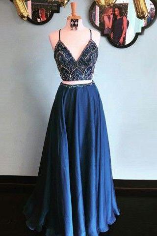 Blue Two Pieces Long Prom Dress, Blue Evening Dress, Formal Dress 