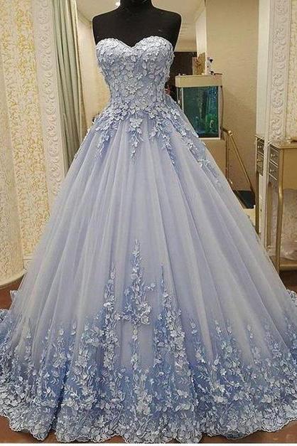 Gorgeous Ball Gown Sweetheart Light Blue Lace Long Prom Dresses With Appliques, Luxurious Quinceanera Dresses