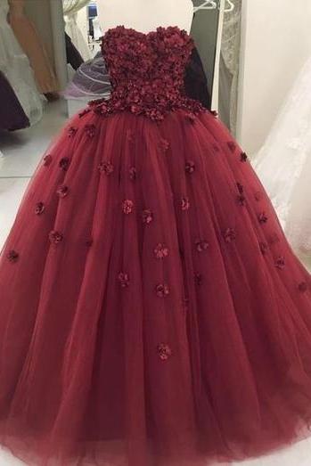 Strapless Burgundy Tulle Ball Gown Prom Dress, Formal Evening Dress, Women Dress