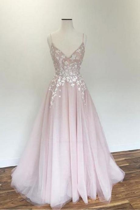 Long Prom Dresses, Prom Dresses Pink, Appliques Prom Dresses