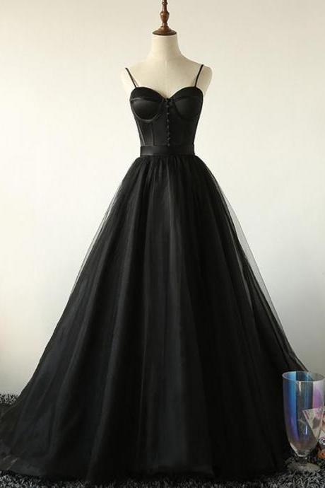 Ball Gown Spaghetti Straps Black Tulle Prom Dress Long Brush/Sweep Train Prom/Evening Dress