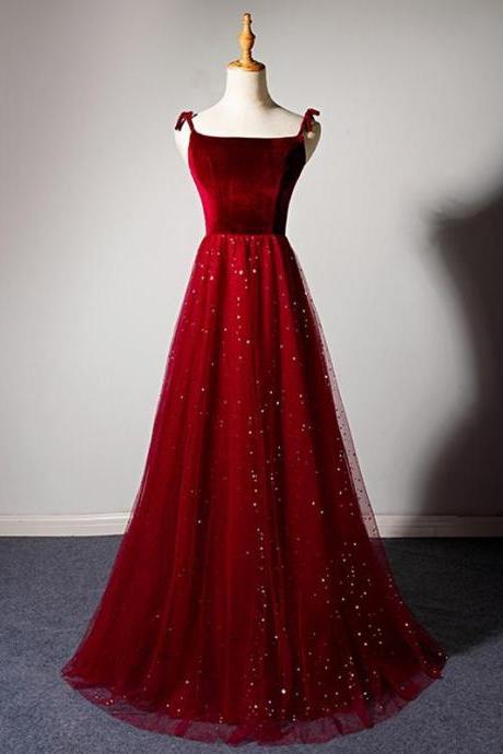 Sparkly Tulle Long Prom Dress A Line Spaghetti Straps Burgundy Prom/Evening Dress