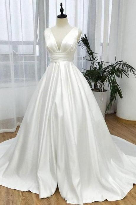White V Neck Satin Long Prom Dress, White Evening Dress