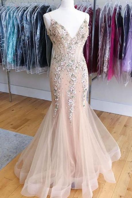 Champagne v neck tulle beads mermaid long prom dress, formal dress