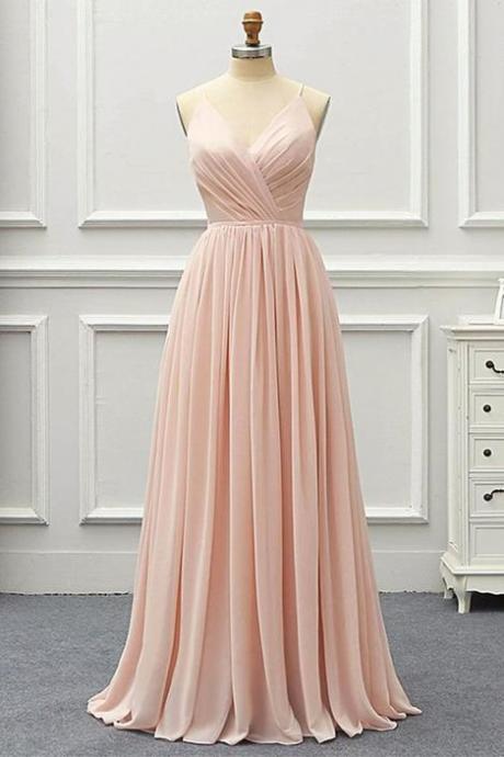 Blush Pink Chiffon Open Back Long Prom Dress, Pink Bridesmaid Dress