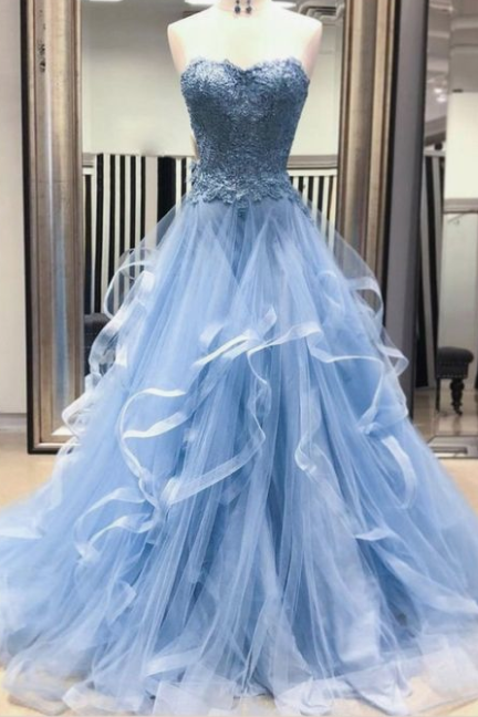 Chic Prom Dresses Sweetheart Sky Blue Ruffles Aline Lace Prom Dress
