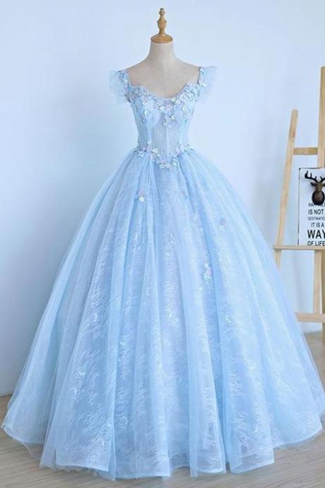 Light Blue Lace Cap Sleeve Long Sweet 16 Prom Dress, Evening Dress