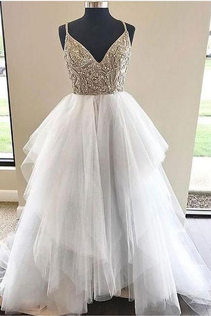 Straps Beaded White Long Prom Dress