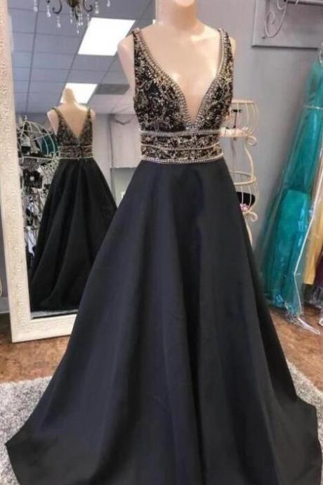 Black V Neck Beaded Long Prom Dress, Black Evening Dress