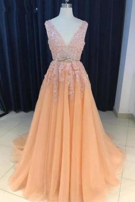 Charming Prom Dresses V-neck Gold Sash, A-line Sweep Train Long Evening Dress