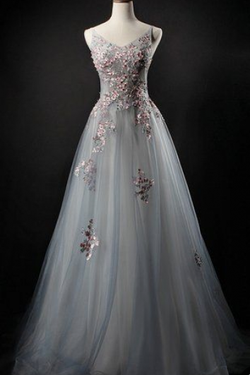 Gray Tulle Prom Dress, V Neck Prom Dresss , Long Evening Dress For Teens, Senior Prom Dress