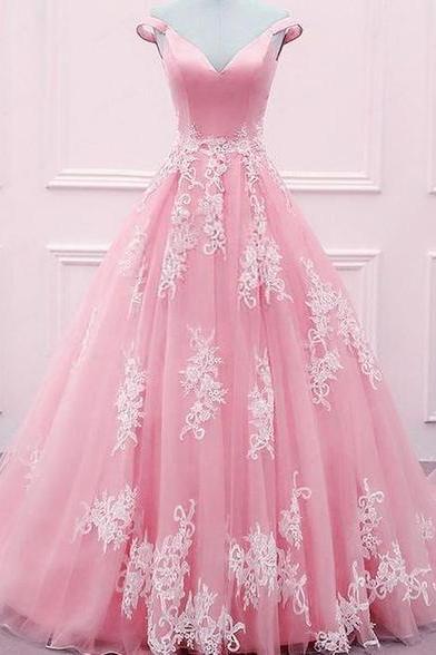 Light Pink Tulle And Satin Ball Gown Prom Dresses Lace Appliques Off Shoulder