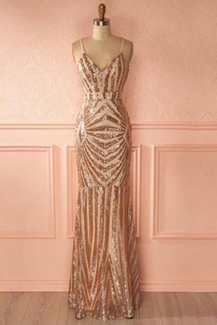 Mermaid Spaghetti Straps Gold Long Sexy Prom Dress With Sequins