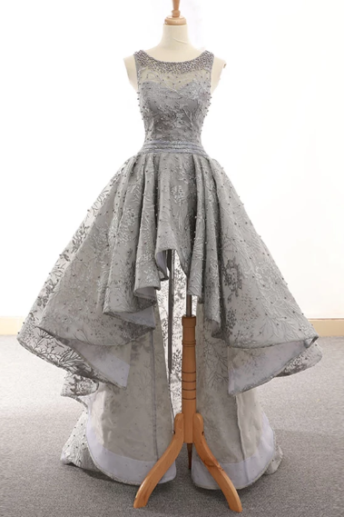 Gray Tulle Lace High Low Prom Dress