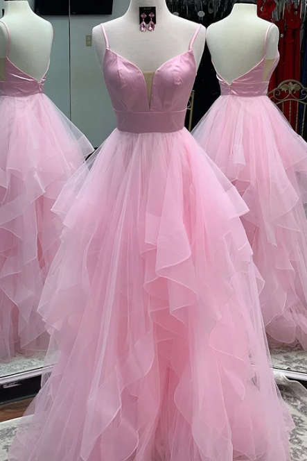 Pink tulle long prom dress, pink evening dress, formal dress