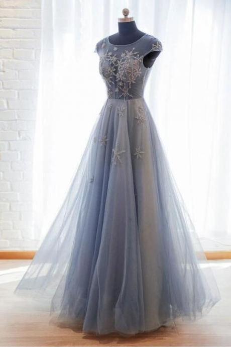 Blue tulle lace long prom dress blue tulle formal dress