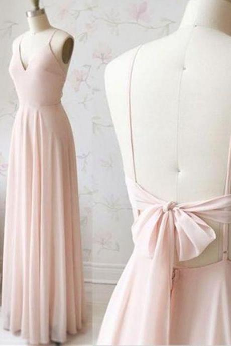 V Neck Light Pink Chiffon Long Prom Dress, V Neck Light Pink Chiffon Long Evening Dress