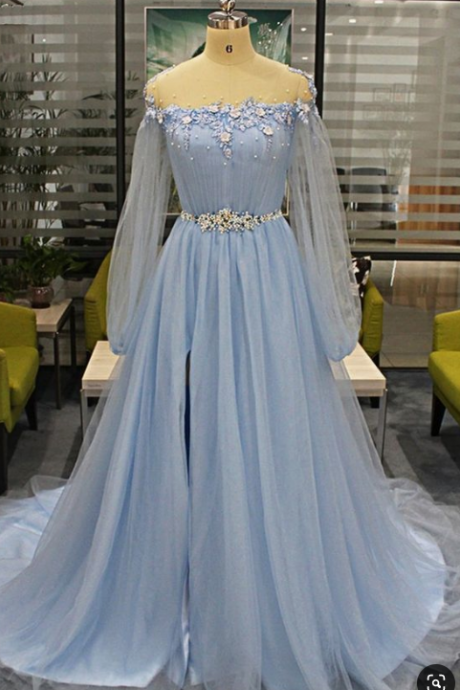 Custom Made Tulle Light Blue Long Prom Dress, Appliques Evening Dress for Prom