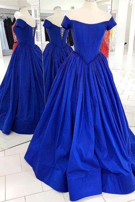 Off The Shoulder Royal Blue Ball Gown Prom Dress With Cap Sleeves